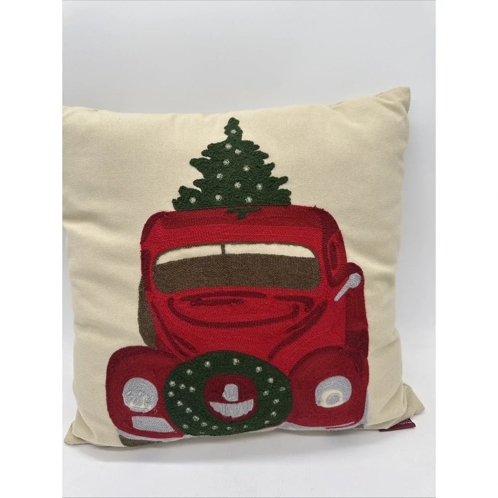 Christmas Holiday Throw Pillow Vintage Truck With‎ Tree Beige 17